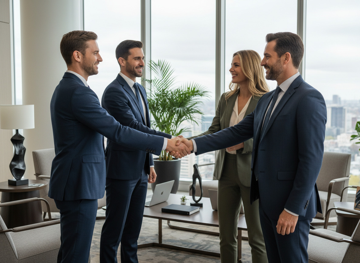 Groupe de professionnels se serrant la main dans un bureau élégant