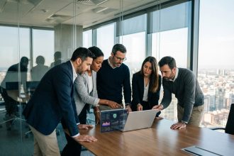 Groupe de professionnels en réunion autour d'un ordinateur