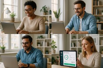 Groupe de professionnels travaillant à distance dans un bureau moderne