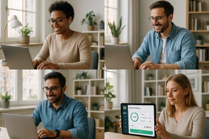 Groupe de professionnels travaillant à distance dans un bureau moderne