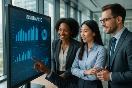 Groupe de professionnels de l'assurance collaborant dans un bureau moderne