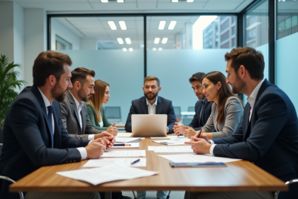 Groupe de professionnels en réunion dans un bureau lumineux