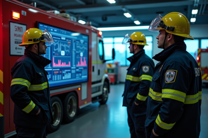 Une équipe de pompiers analyse des données sur un grand écran