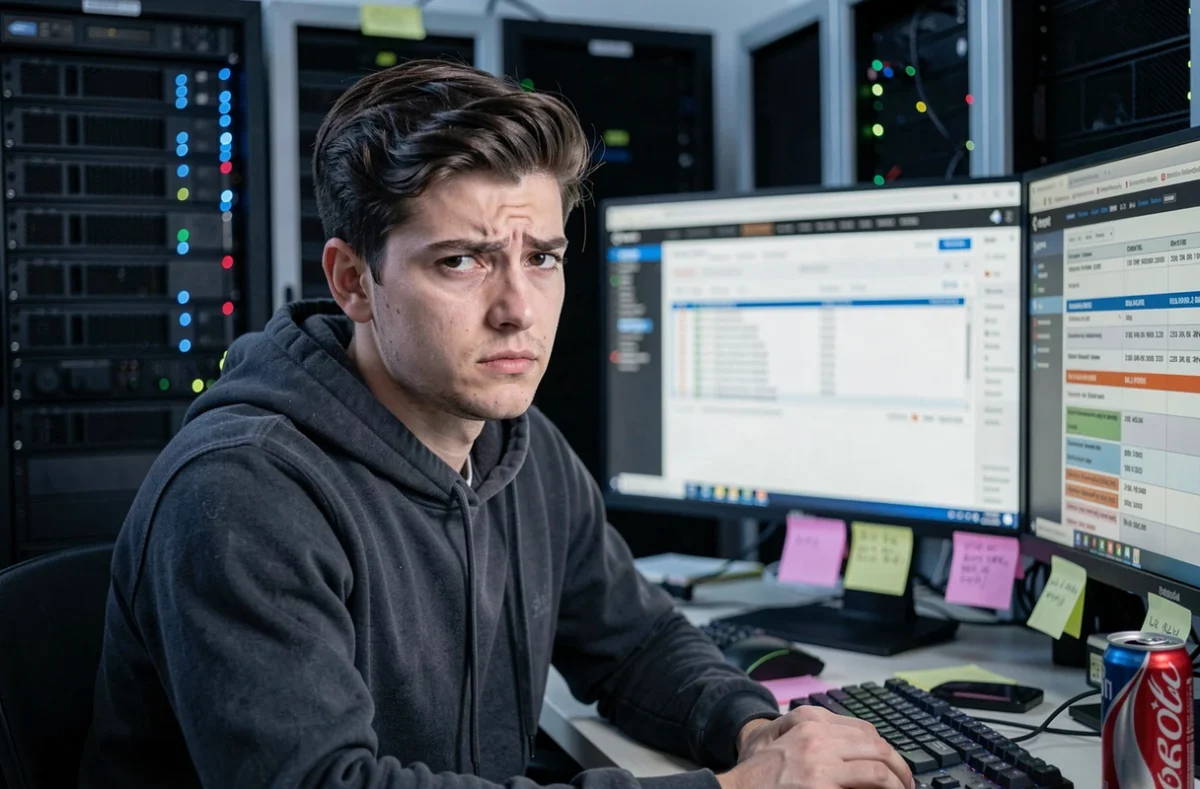 Technicien SEO de l'agence Erreur Systeme analysant des journaux d'audit de site web sur doubles moniteurs