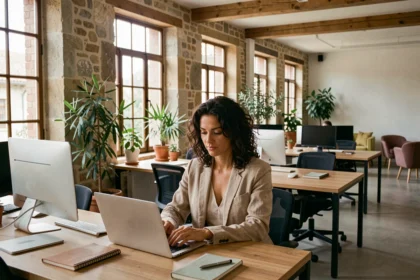 Espace de coworking moderne à Montélimar avec bureau en bois, femme travaillant sur ordinateur portable et murs en pierre apparente