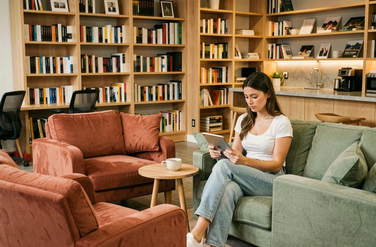 Espace lounge confortable dans un coworking à Montélimar avec freelance travaillant sur tablette dans un fauteuil en tissu terracotta