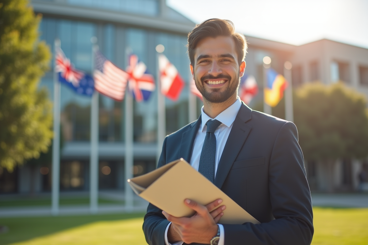 Etudiant en business souriant devant universite et drapeaux