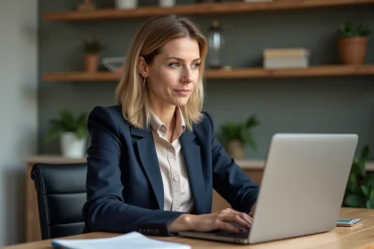 Femme professionnelle en télétravail participant à un événement en ligne lesentreprisesfrenchy depuis son bureau à domicile