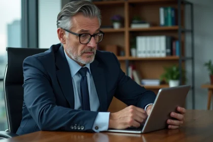 Homme d'affaires en costume navy regardant une tablette