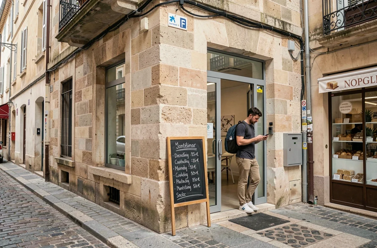 Façade extérieure d'un espace de coworking à Montélimar avec affichage des tarifs et entrée en bâtiment historique rénové