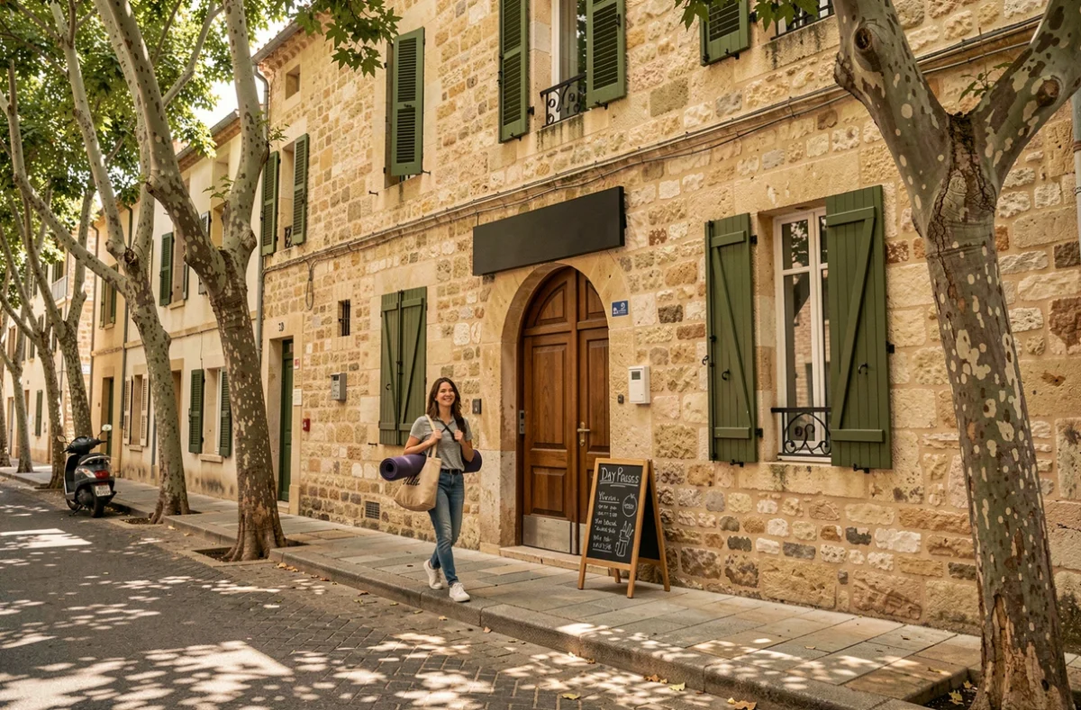 Façade extérieure d'un espace de coworking dans un bâtiment en pierre provençal à Salon-de-Provence avec passante
