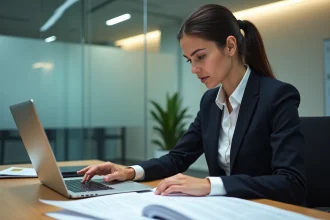 Jeune femme en costume d'affaires dans un bureau administratif
