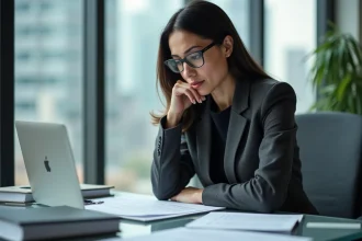 Femme d'affaires en tailleur analysant des documents dans un bureau moderne