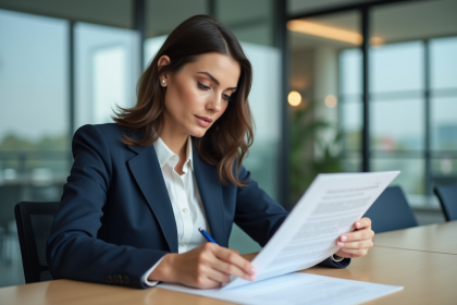 Femme d'affaires en réunion de contrat dans un bureau moderne