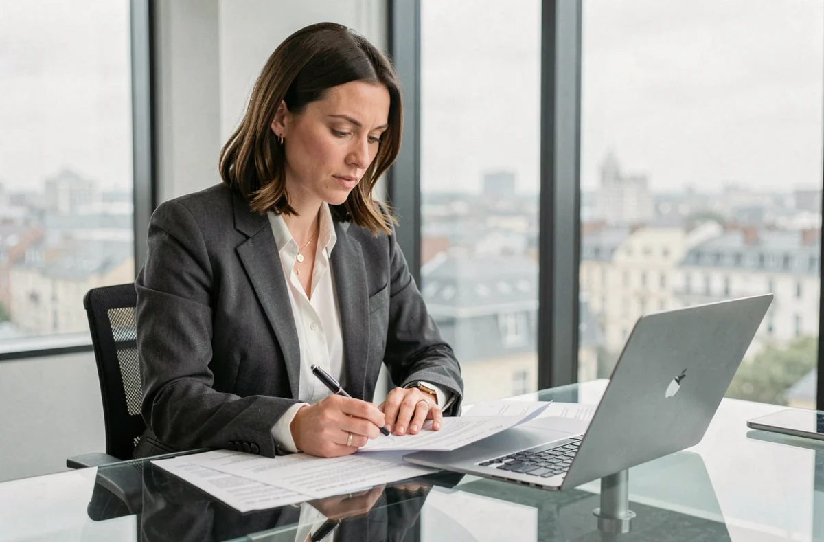 Femme d'affaires consultant un contrat de location de bureau à Rouen, assise à un bureau moderne avec vue sur la ville