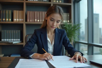 Femme d'affaires en costume examinant des documents officiels