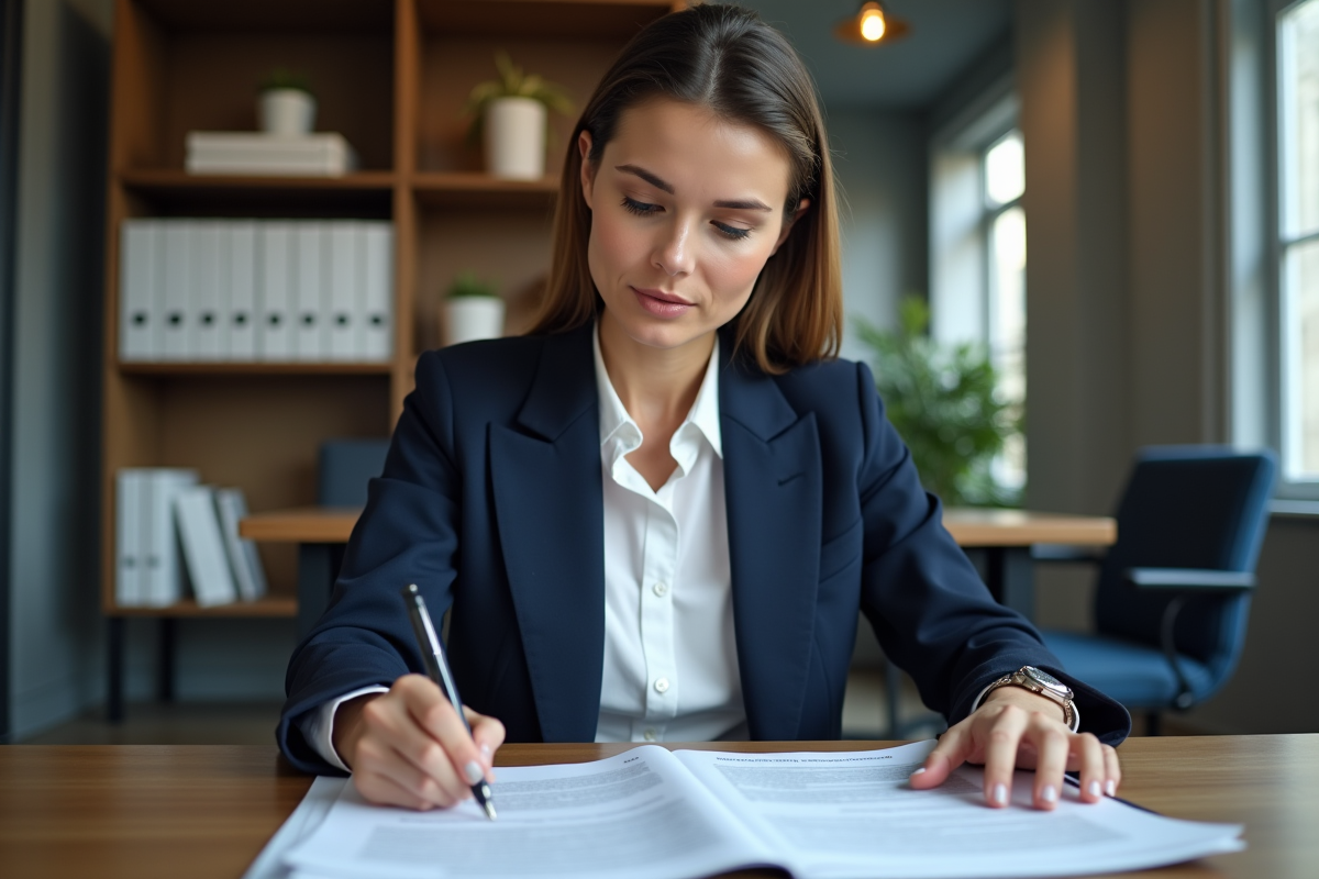 Femme d'affaires en réunion avec documents légaux français