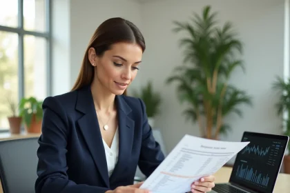 Femme d'affaires analysant un guide de prix pour stabiliser la trésorerie de son entreprise