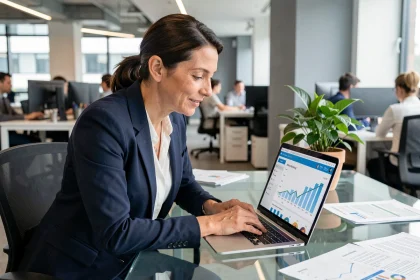 Femme d'affaires consultant une plateforme B2B sur son ordinateur portable dans un bureau moderne