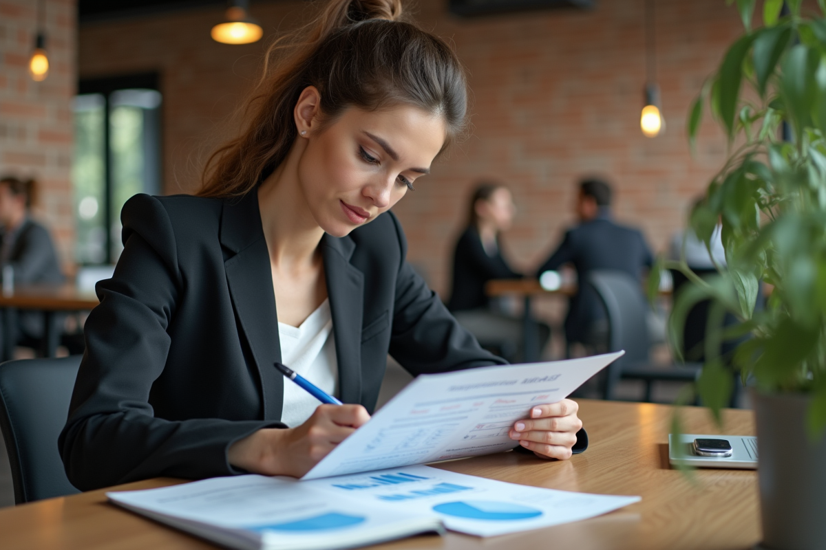 Femme d'affaires concentrée sur un rapport de marché dans un espace moderne
