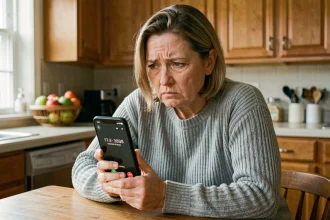 Femme à l'air méfiant recevant un appel téléphonique frauduleux d'un numéro inconnu sur son smartphone dans une cuisine