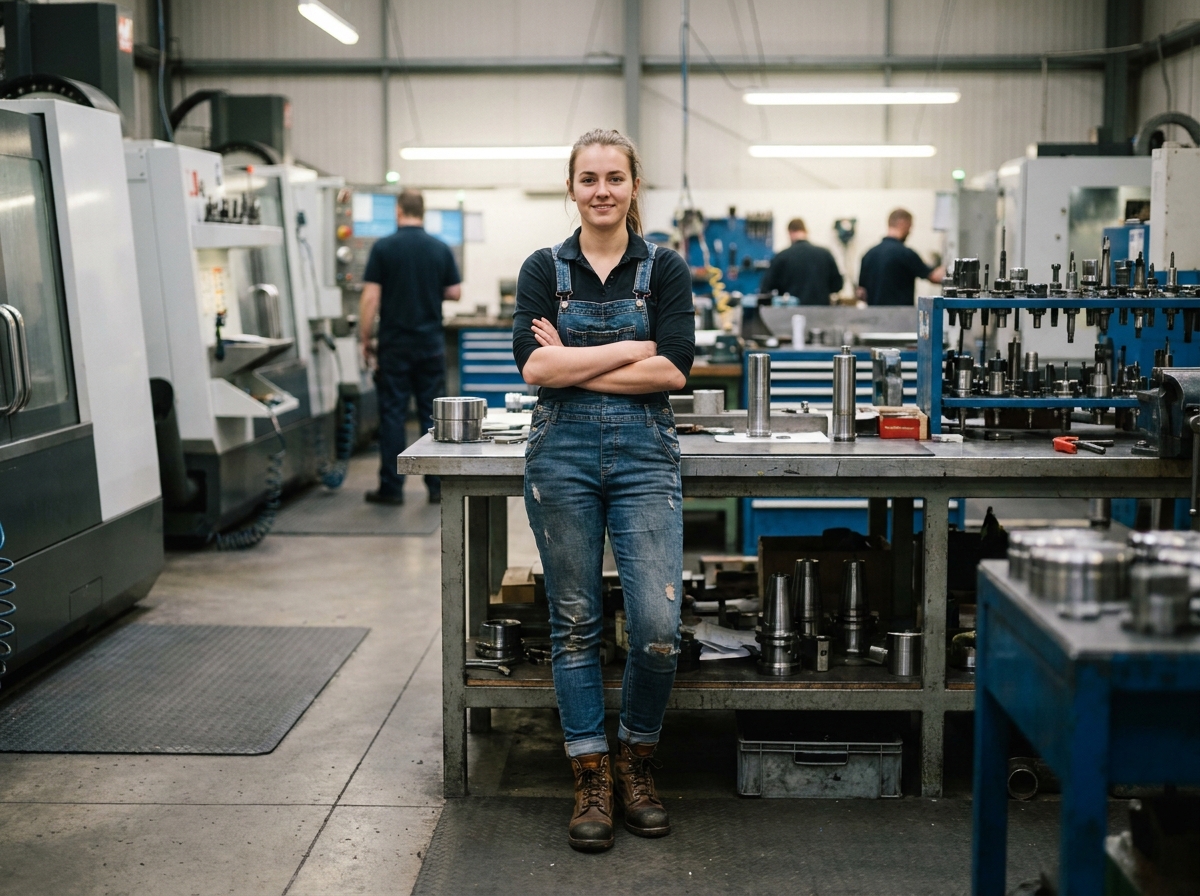 Jeune femme dans un atelier industriel avec machines et outils