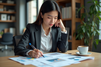 Jeune femme au bureau analysant des graphiques et rapports