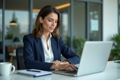 Femme professionnelle consultant son bulletin de salaire numérique sur Arkevia dans un bureau moderne, protection des données RGPD