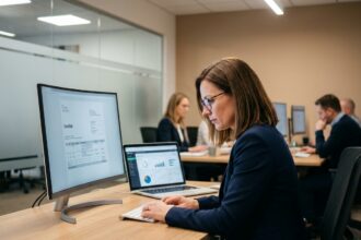 Femme en blazer marine analysant une facture électronique sur un écran d'ordinateur dans un bureau moderne
