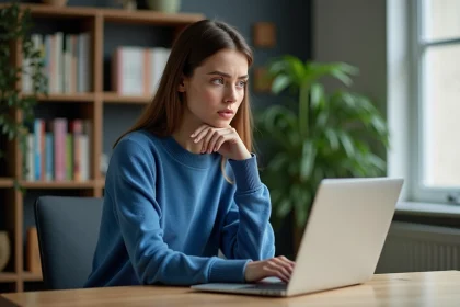 Jeune femme au bureau &agrave; domicile avec ordinateur portable