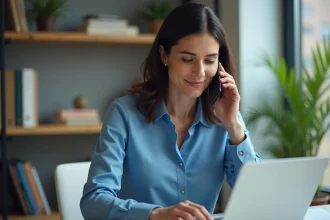 Femme en bureau à domicile parlant au téléphone