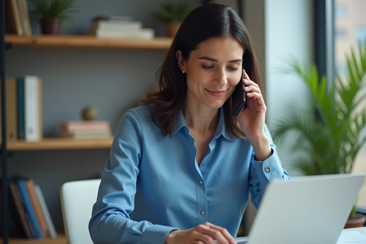 Femme en bureau à domicile parlant au téléphone