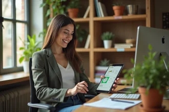 Jeune femme au bureau analysant des infographies écologiques