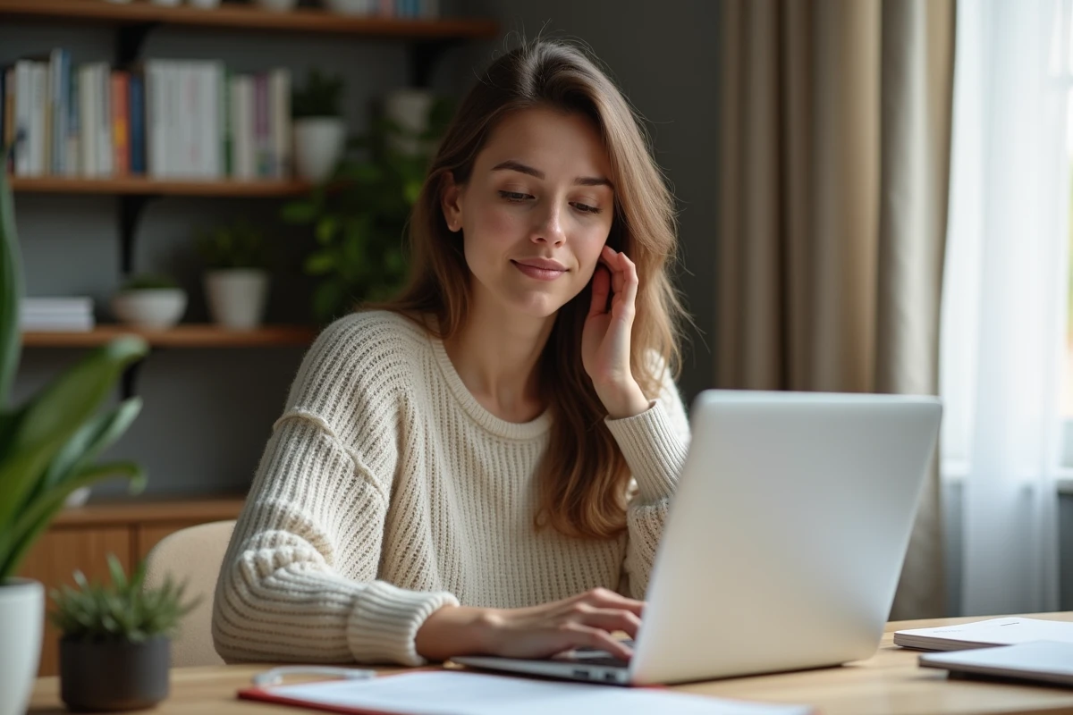 Femme travaillant à son bureau à domicile avec un ordinateur portable