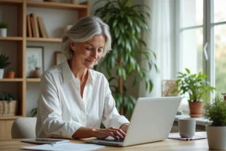 Femme d'âge moyen travaillant à son bureau à domicile