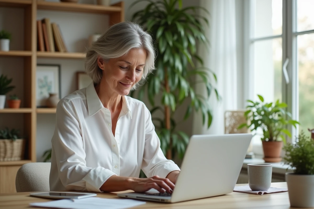 Femme d'âge moyen travaillant à son bureau à domicile