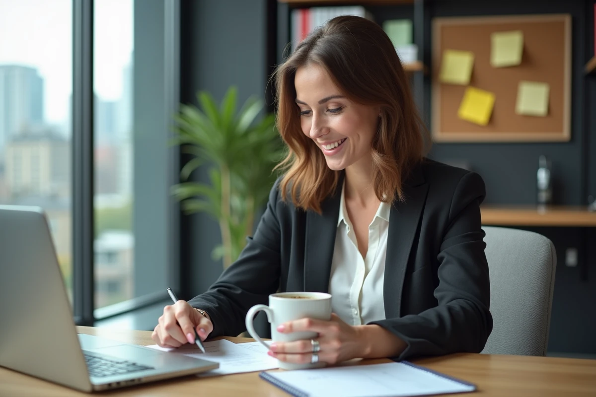 Femme en blazer et jeans travaillant sur un ordinateur dans un bureau