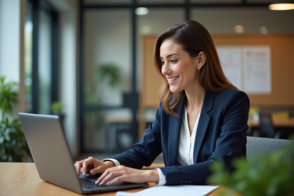 Femme professionnelle en bureau travaillant sur son ordinateur