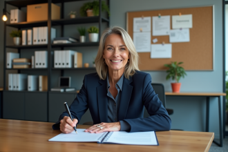 Femme d'âge moyen dans un bureau moderne en train de remplir des documents