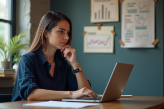 Femme concentrée travaillant sur SEO dans un bureau moderne