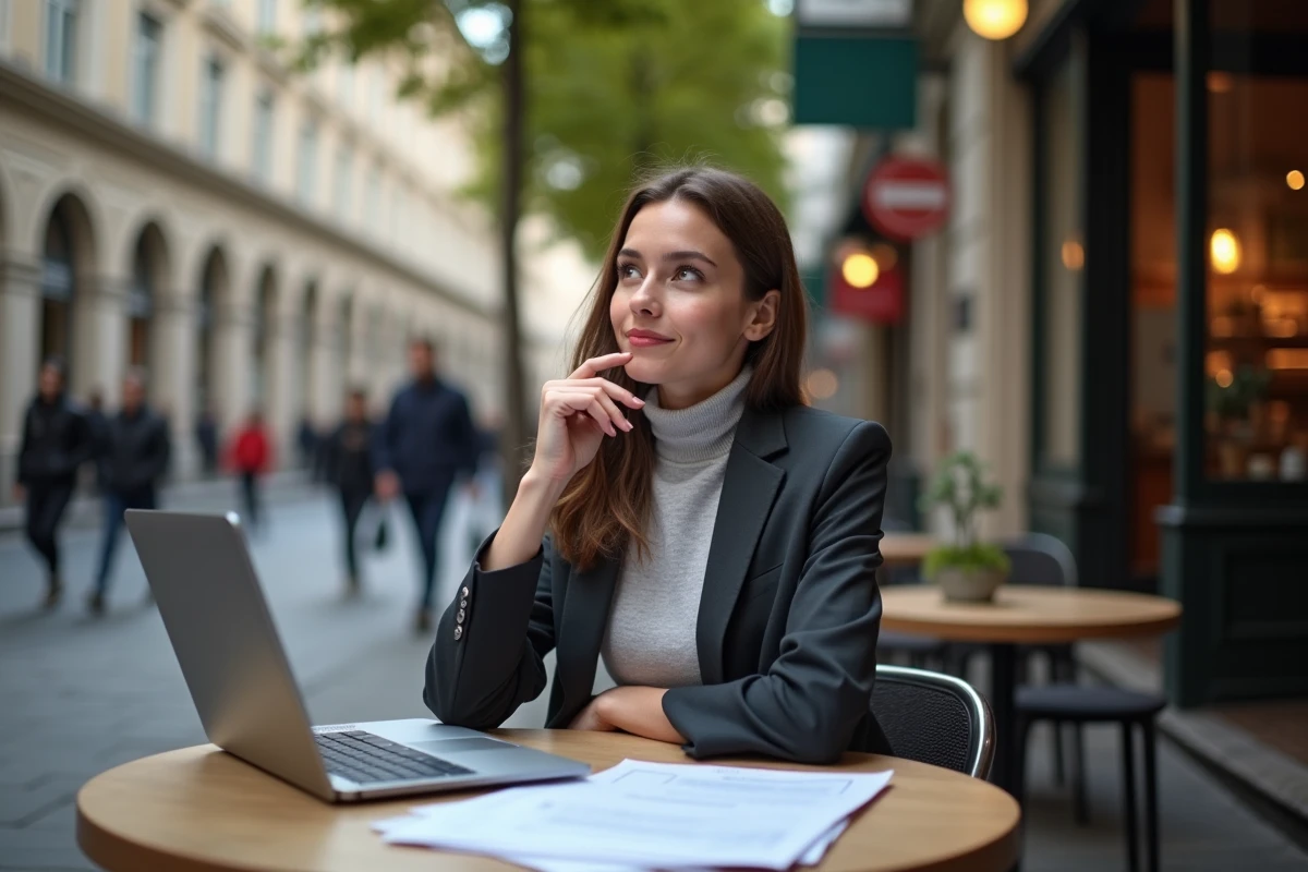 Jeune femme au café regarde son ordinateur en plein air