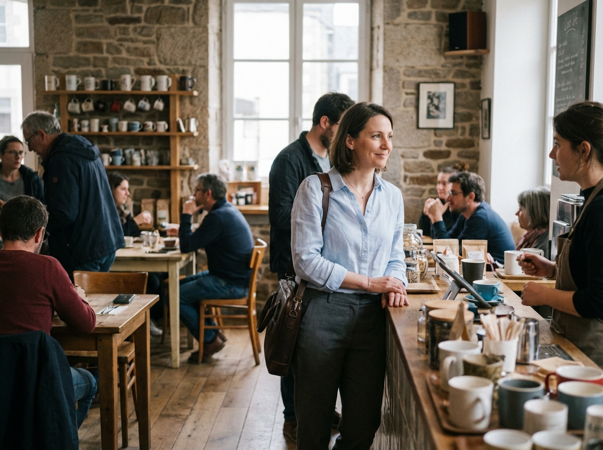 Femme professionnelle dans un café à Quimper avec son sac