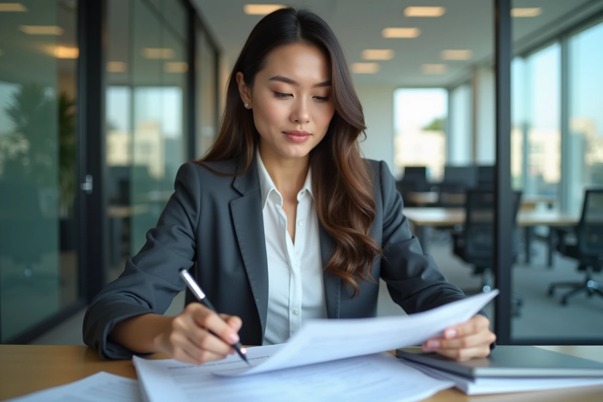 Femme professionnelle examine un rapport de competence