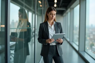 Femme confiante en bureau moderne avec tablette