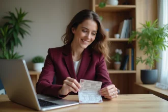 Femme consultant son compte Jeux FDJ sur un ordinateur portable dans un bureau à domicile