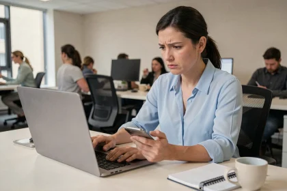 Femme professionnelle cherchant à contacter l'assistance Alis BNP depuis son bureau avec un ordinateur portable et un smartphone