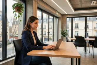 Femme travaillant dans un espace de coworking moderne à Boulogne-Billancourt avec vue sur la rue