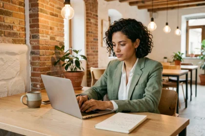 Femme travaillant sur un ordinateur portable dans un espace de coworking chaleureux à Salon-de-Provence avec décoration provençale