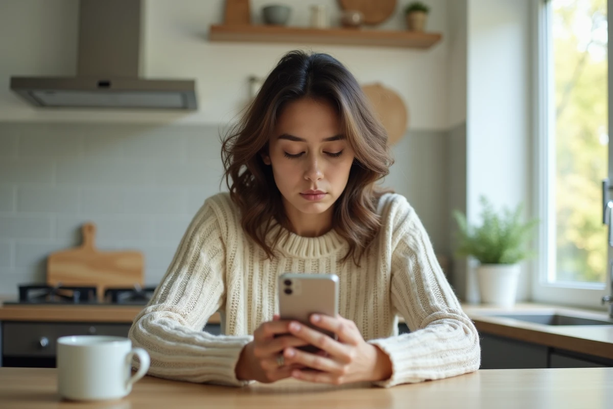 Jeune femme utilisant un smartphone dans une cuisine lumineuse