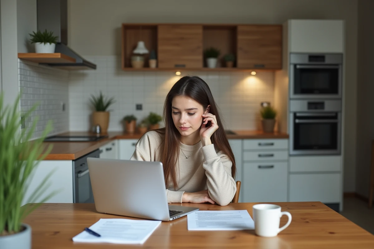 Jeune femme travaillant sur son ordinateur dans la cuisine